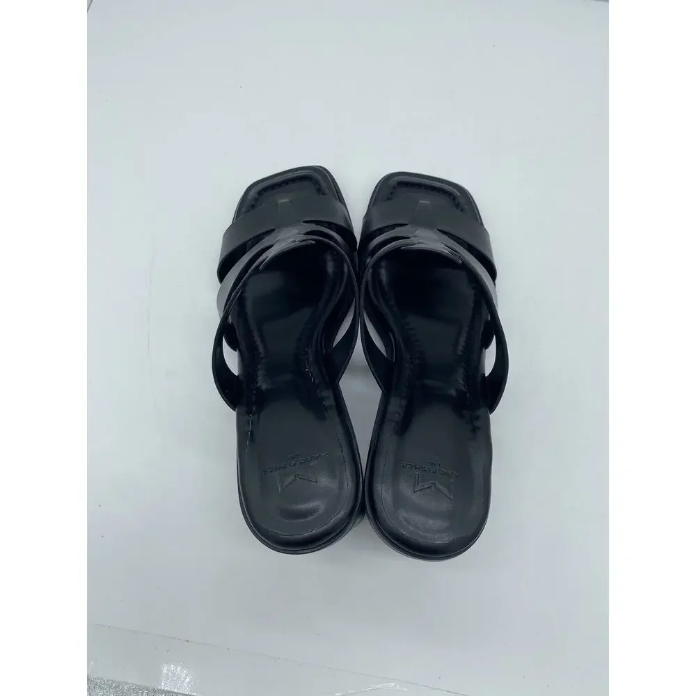 New Marc Fisher LTD Louisa Leather Block Heel Slip On Mules Woven Black Size 11M